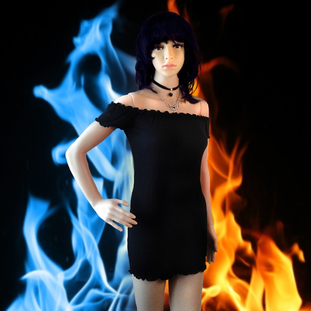 Black Ribbed Off Shoulder Bodycon Mini Dress - Picture 6 of 7